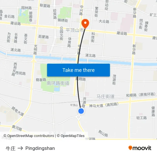 牛庄 to Pingdingshan map