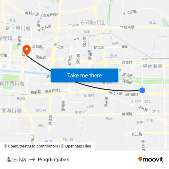 高阳小区 to Pingdingshan map