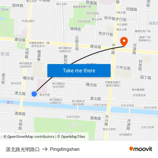 湛北路光明路口 to Pingdingshan map