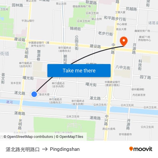 湛北路光明路口 to Pingdingshan map