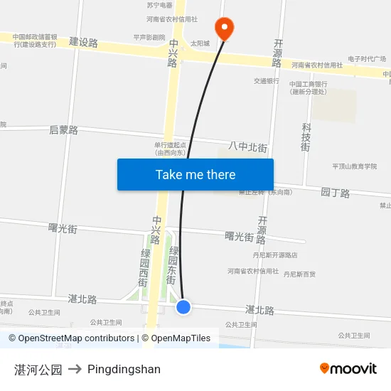 Zhanhe Park to Pingdingshan map