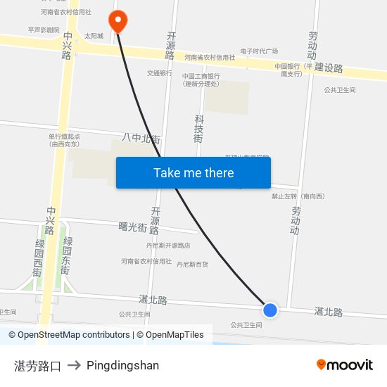 湛劳路口 to Pingdingshan map