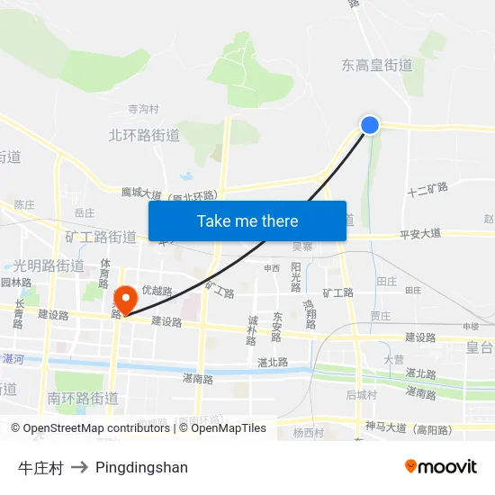 牛庄村 to Pingdingshan map