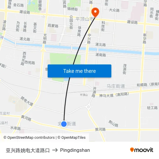 亚兴路姚电大道路口 to Pingdingshan map