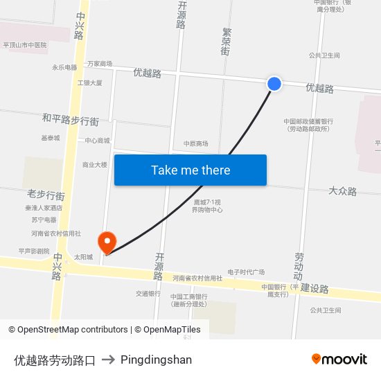 优越路劳动路口 to Pingdingshan map