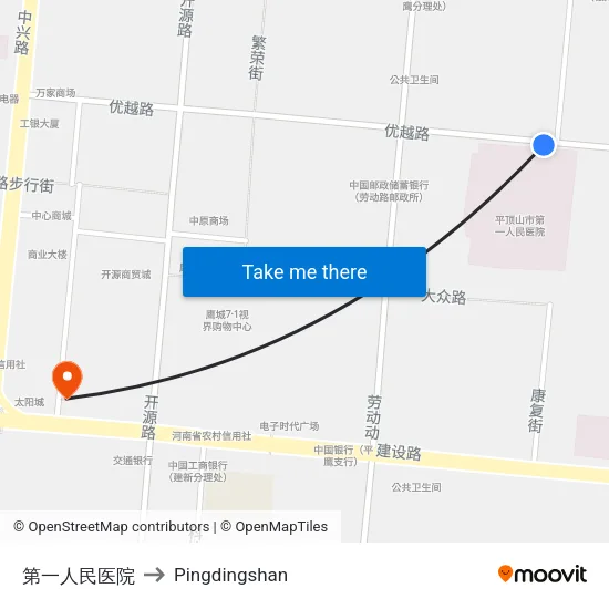 第一人民医院 to Pingdingshan map