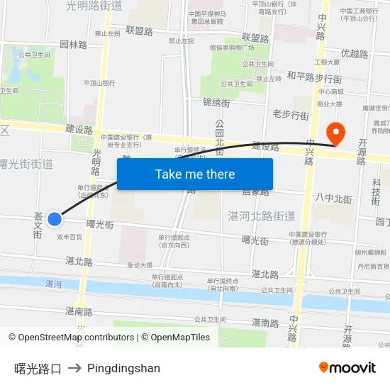 曙光路口 to Pingdingshan map
