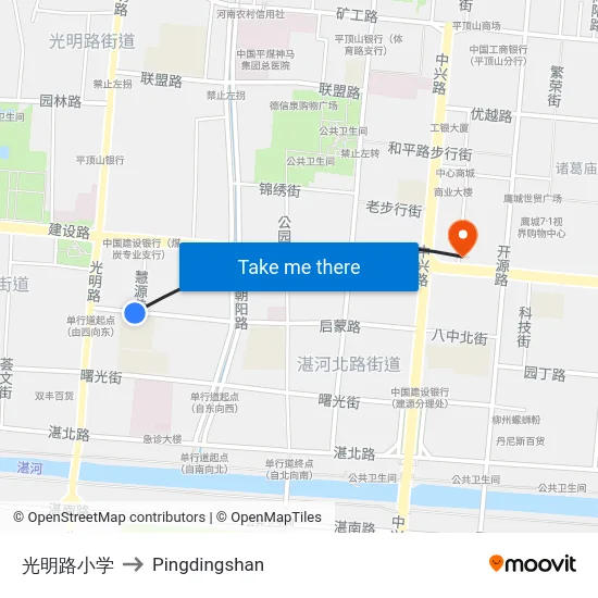 光明路小学 to Pingdingshan map