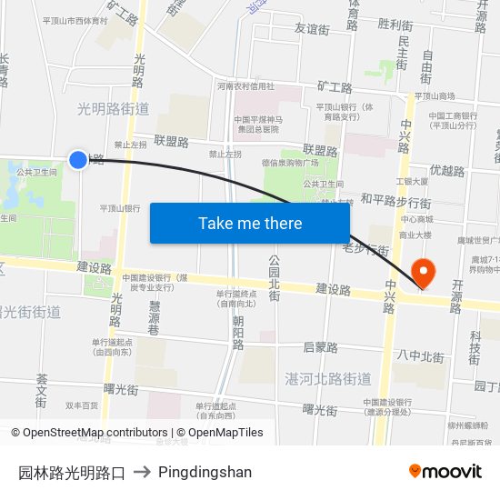 园林路光明路口 to Pingdingshan map