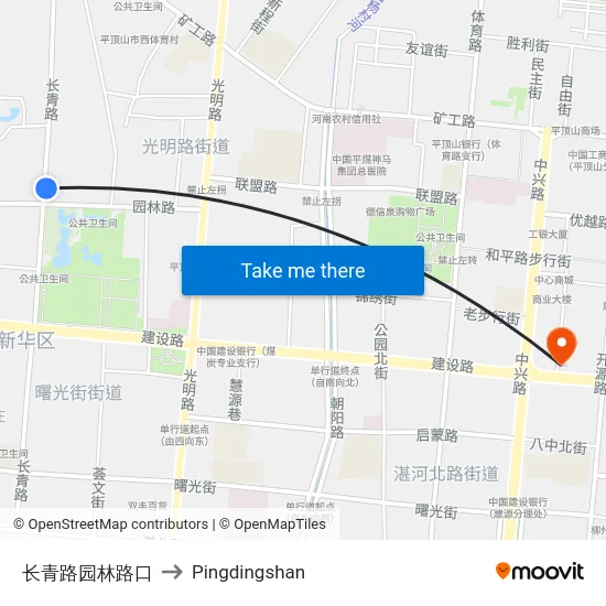 长青路园林路口 to Pingdingshan map