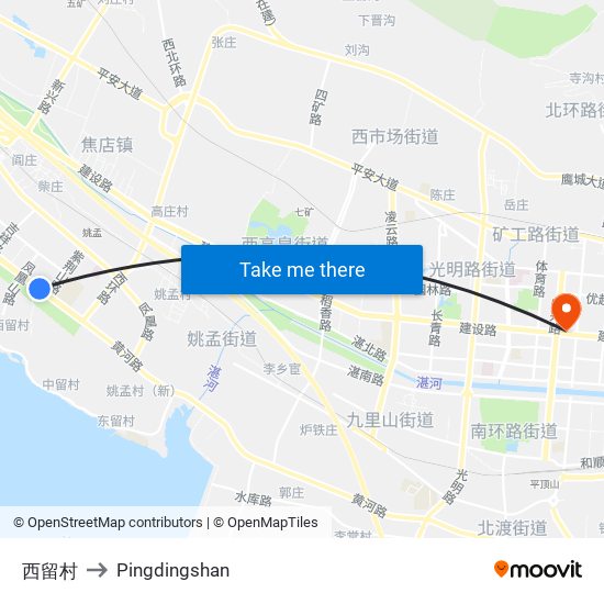 西留村 to Pingdingshan map