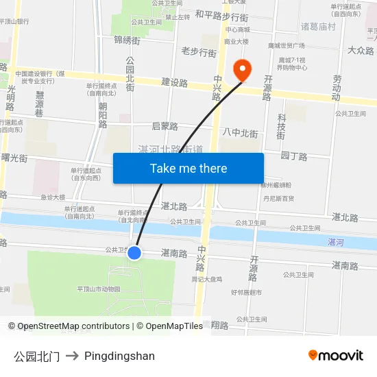 North Gate Park to Pingdingshan map