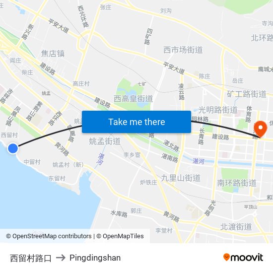 西留村路口 to Pingdingshan map