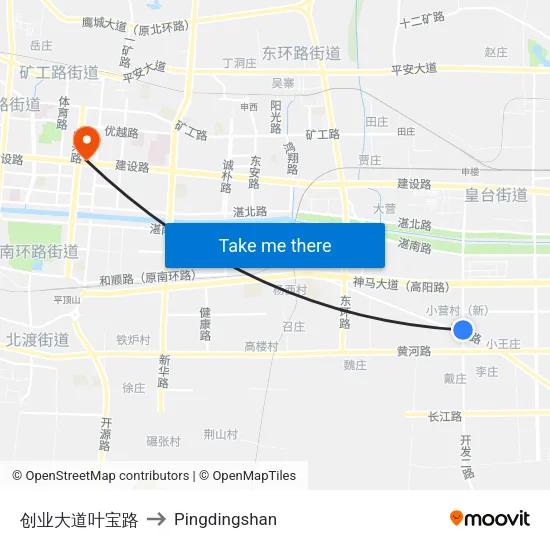 创业大道叶宝路 to Pingdingshan map