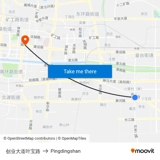 创业大道叶宝路 to Pingdingshan map