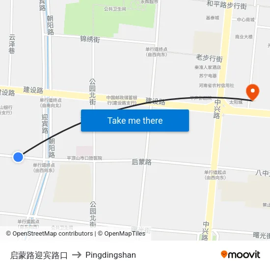 启蒙路迎宾路口 to Pingdingshan map