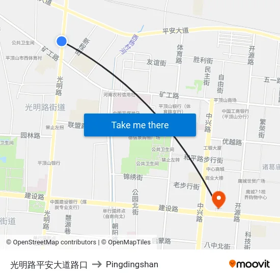 光明路平安大道路口 to Pingdingshan map