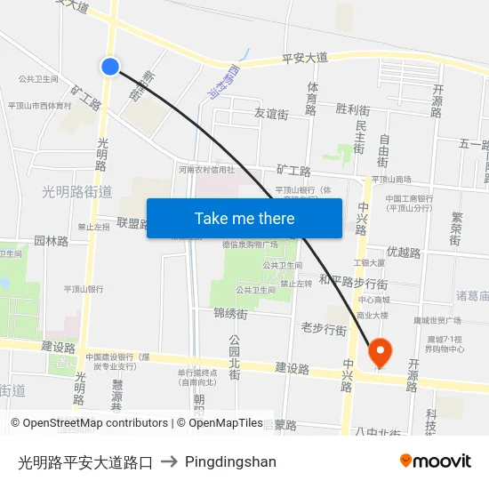 光明路平安大道路口 to Pingdingshan map
