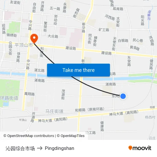 沁园综合市场 to Pingdingshan map