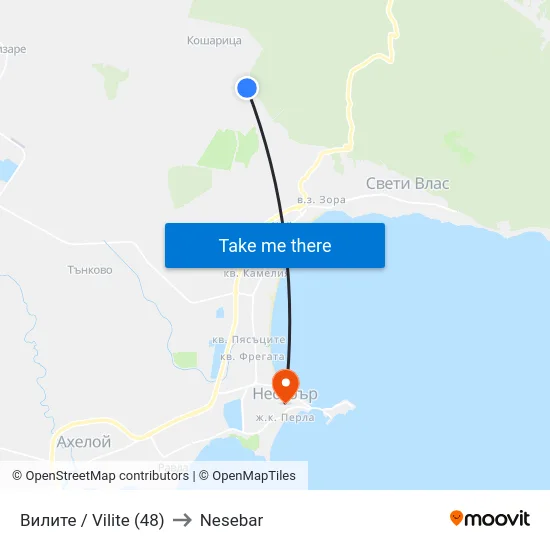 Вилите / Vilite (48) to Nesebar map