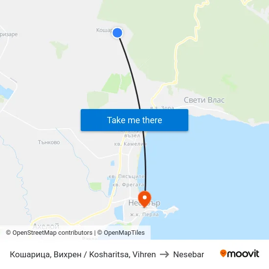 Кошарица, Вихрен / Kosharitsa, Vihren to Nesebar map