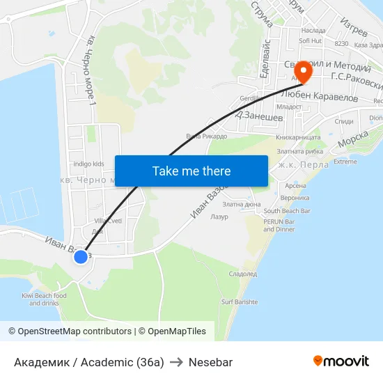 Академик / Academic (36a) to Nesebar map