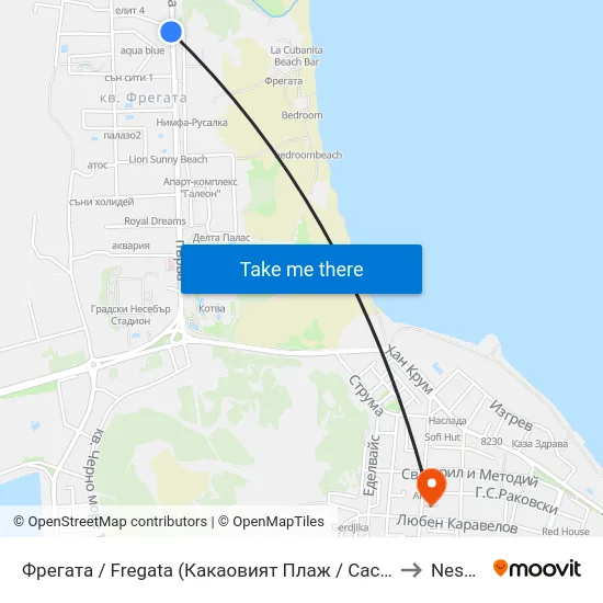 Фрегата / Fregata (Какаовият Плаж / Cacao Beach) (13) to Nesebar map