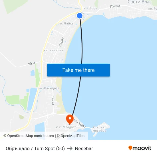 Обръщало / Turn Spot (50) to Nesebar map