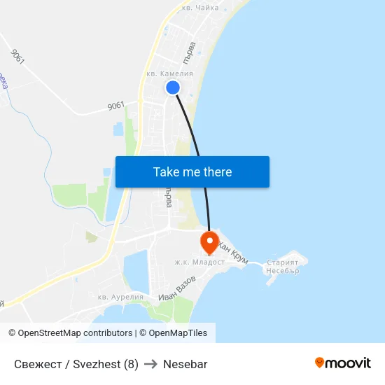 Свежест / Svezhest (8) to Nesebar map