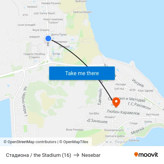 Стадиона / the Stadium (16) to Nesebar map