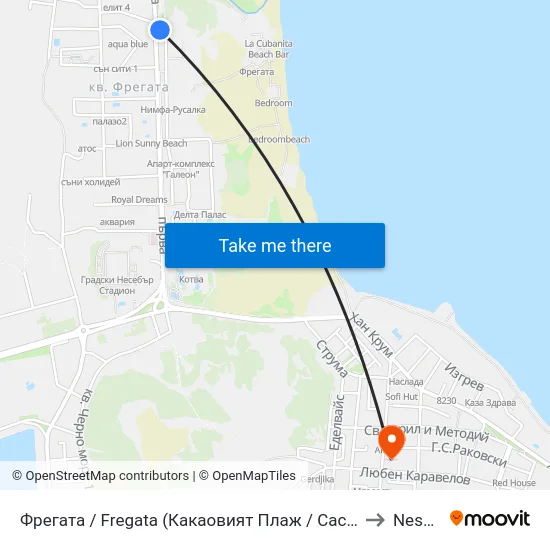 Фрегата / Fregata (Какаовият Плаж / Cacao Beach) (14) to Nesebar map