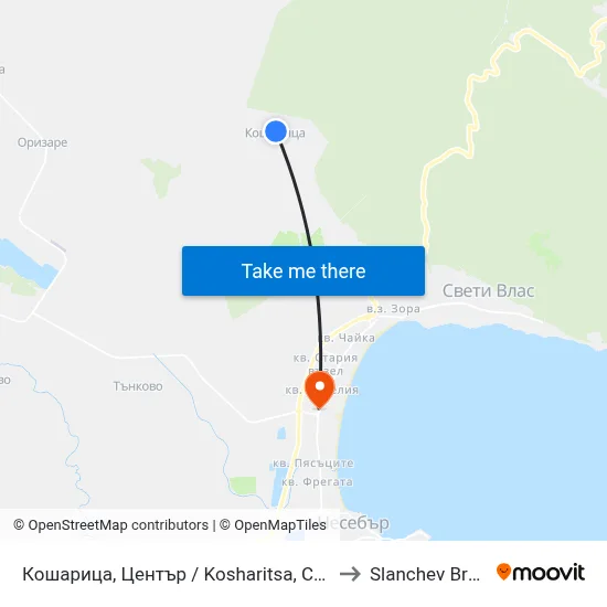 Кошарица, Център / Kosharitsa, Centre to Slanchev Bryag map
