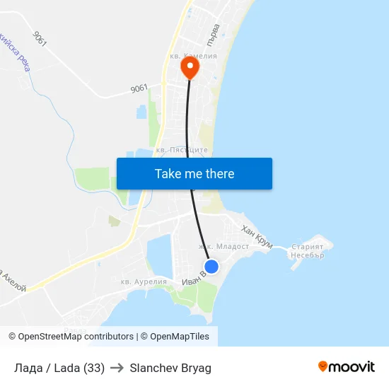 Лада / Lada (33) to Slanchev Bryag map