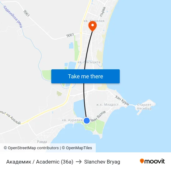 Академик / Academic (36a) to Slanchev Bryag map