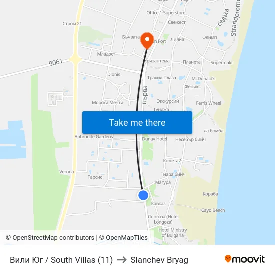 Вили Юг / South Villas (11) to Slanchev Bryag map