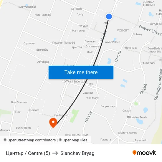 Център / Centre (5) to Slanchev Bryag map