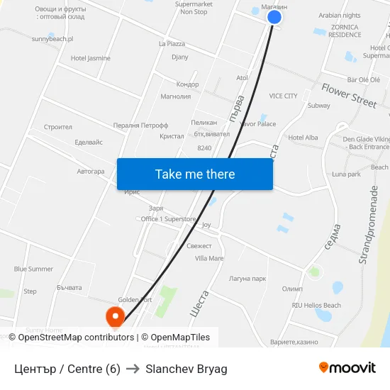 Център / Centre (6) to Slanchev Bryag map