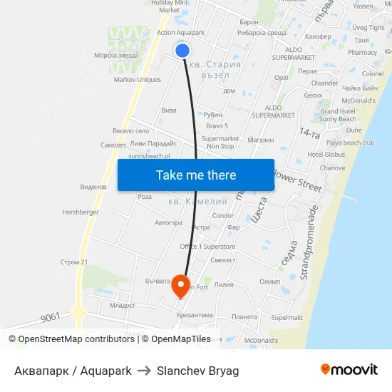 Aquapark to Sunny Beach map