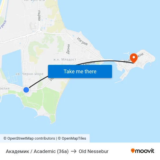 Академик / Academic (36a) to Old Nessebur map