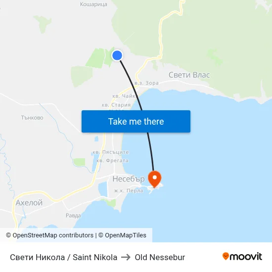 Saint Nikola to Old Nessebar map