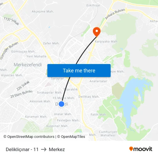 Delikliçınar - 11 to Merkez map