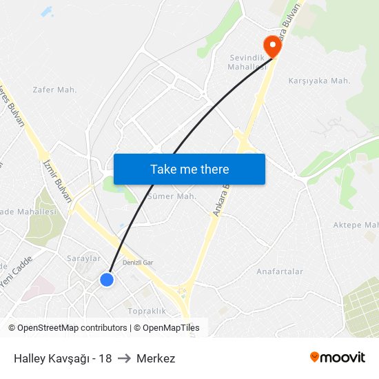 Halley Kavşağı - 18 to Merkez map