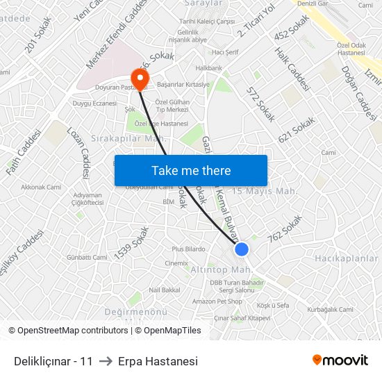 Delikliçınar - 11 to Erpa Hastanesi map