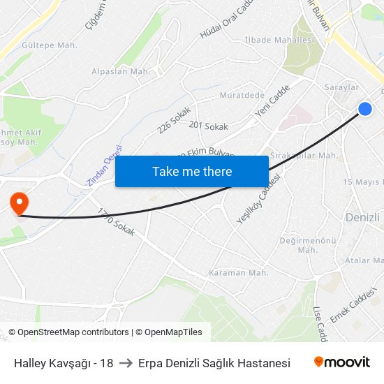 Halley Kavşağı - 18 to Erpa Denizli Sağlık Hastanesi map