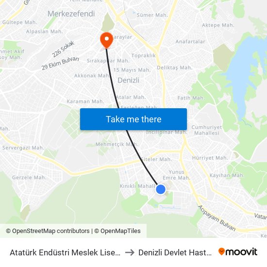 Atatürk Endüstri Meslek Lisesi - 97 to Denizli Devlet Hastanesi map