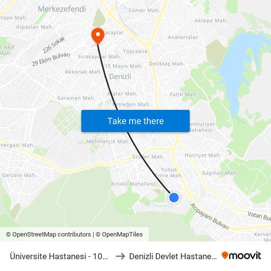 Üniversite Hastanesi - 1044 to Denizli Devlet Hastanesi map