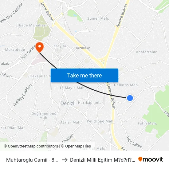 Muhtaroğlu Camii - 834 to Denizli Milli Egitim M?d?rl?g? map