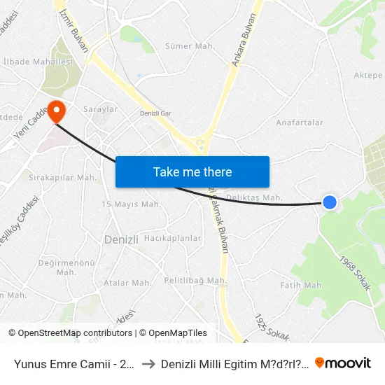 Yunus Emre Camii - 255 to Denizli Milli Egitim M?d?rl?g? map