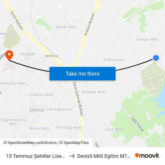 15 Temmuz Şehitler Lisesi - 265 to Denizli Milli Egitim M?d?rl?g? map