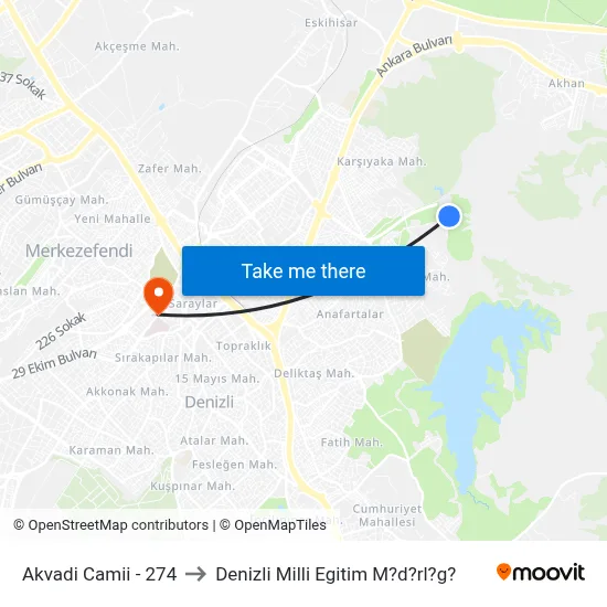 Akvadi Camii - 274 to Denizli Milli Egitim M?d?rl?g? map